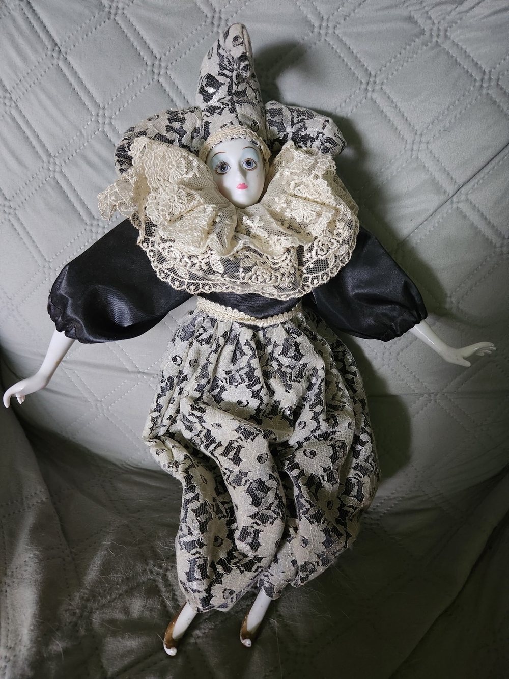 Porcelain Harlequin Decorative Doll in Black and Cream Lace